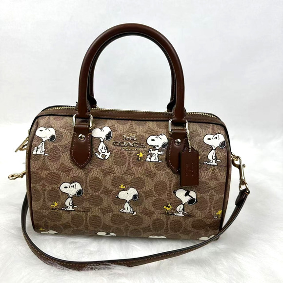 Coach X Peanuts Rowan Satchel Bag Signature Canvas With Snoopy Print Tan CBM33 - Picture 1 of 11